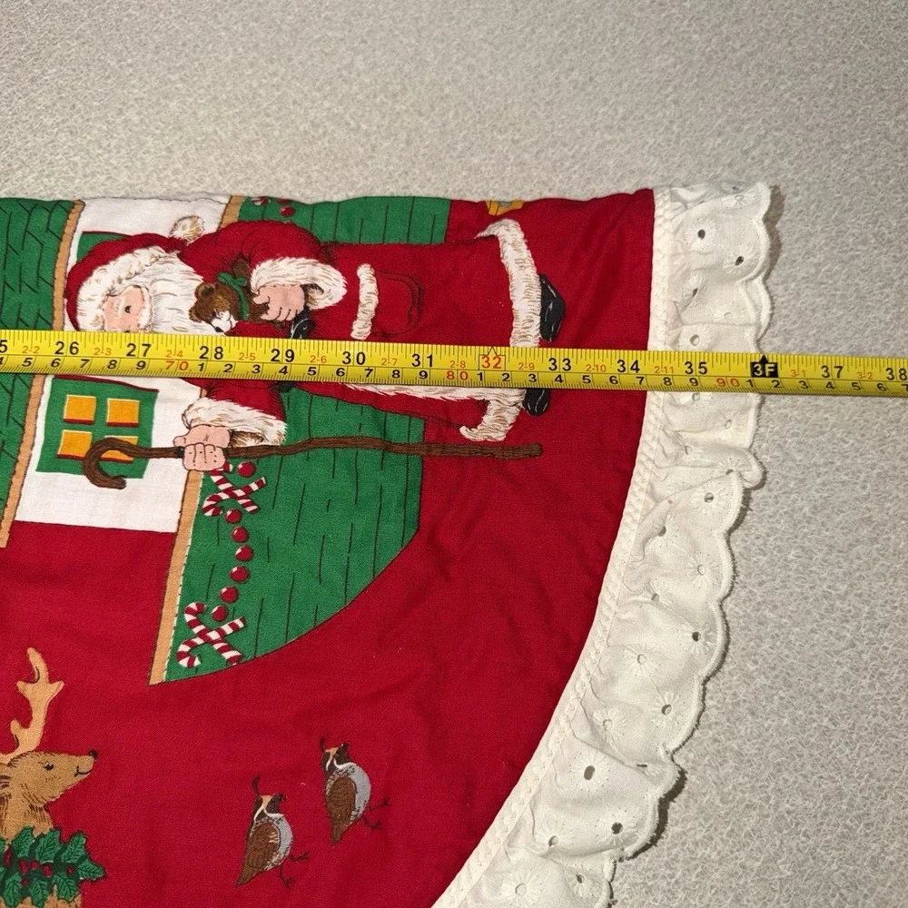 Vtg Country Geese 3ft Red Christmas Tree Skirt Bears Bows Ruffle Edge Red 80s